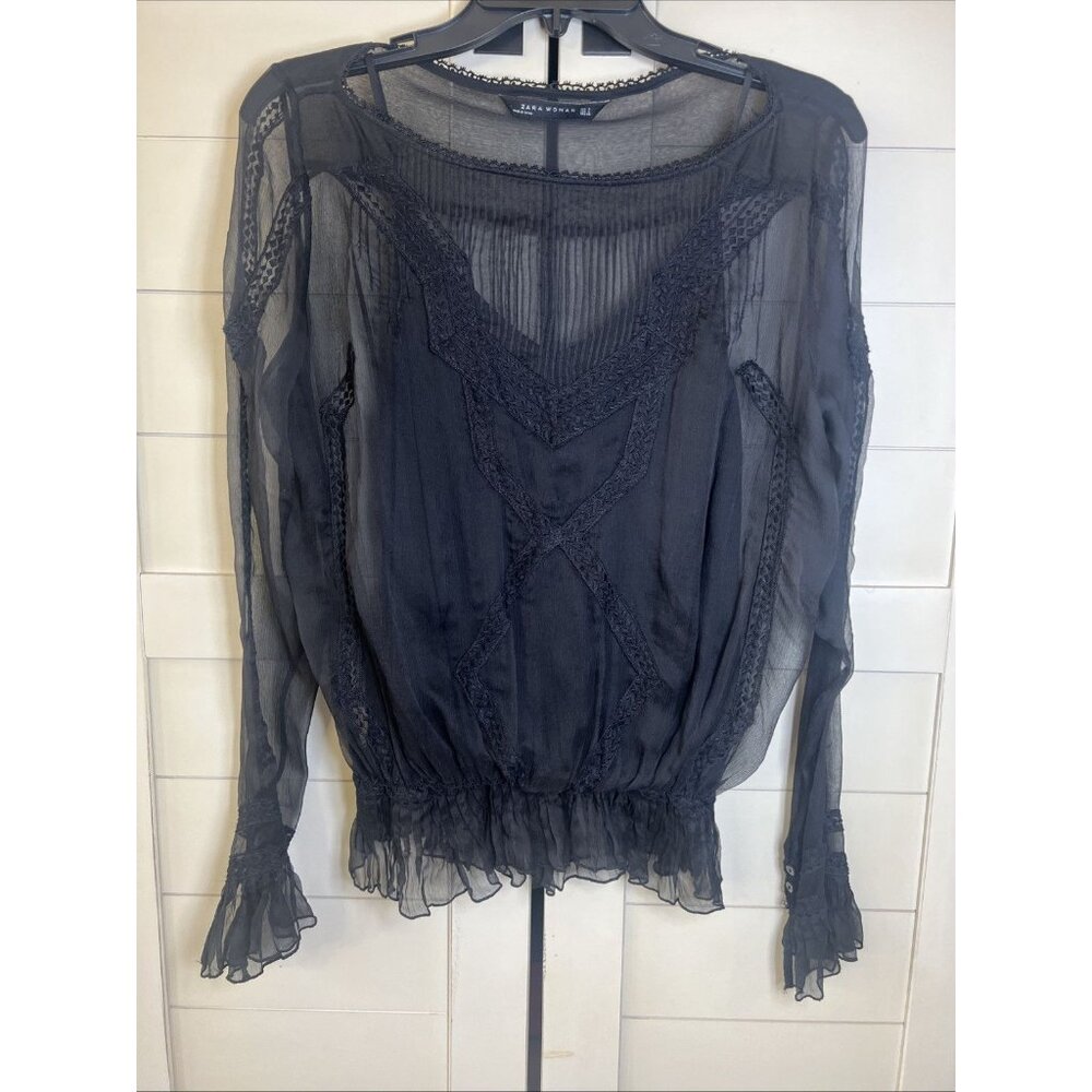 Zara Woman Black Long Sleeve Sheer/Lace Top Size Small